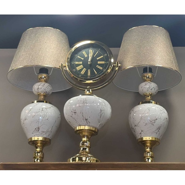 Decolyra 2'li Krem Gold Abajur ve Saat Dekoratif Set